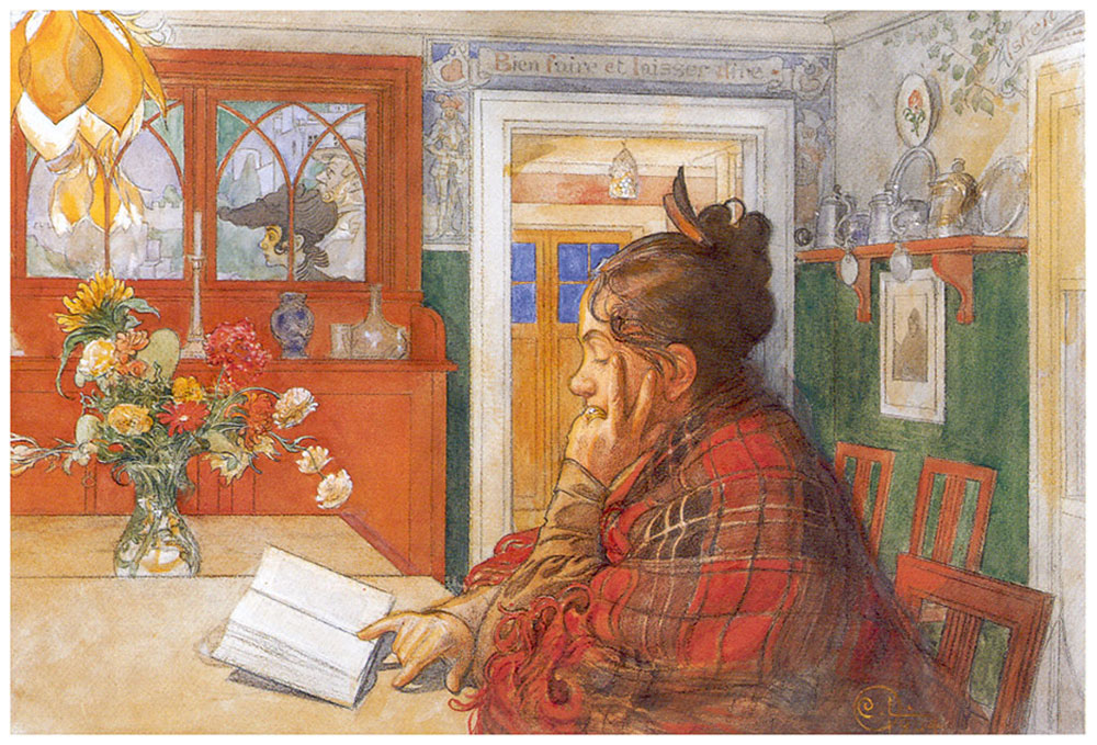 Ett m&aring;lat porttr&auml;tt av Karin som sitter och l&auml;ser vid k&ouml;ksbordet. M&aring;lad av Carl larsson.