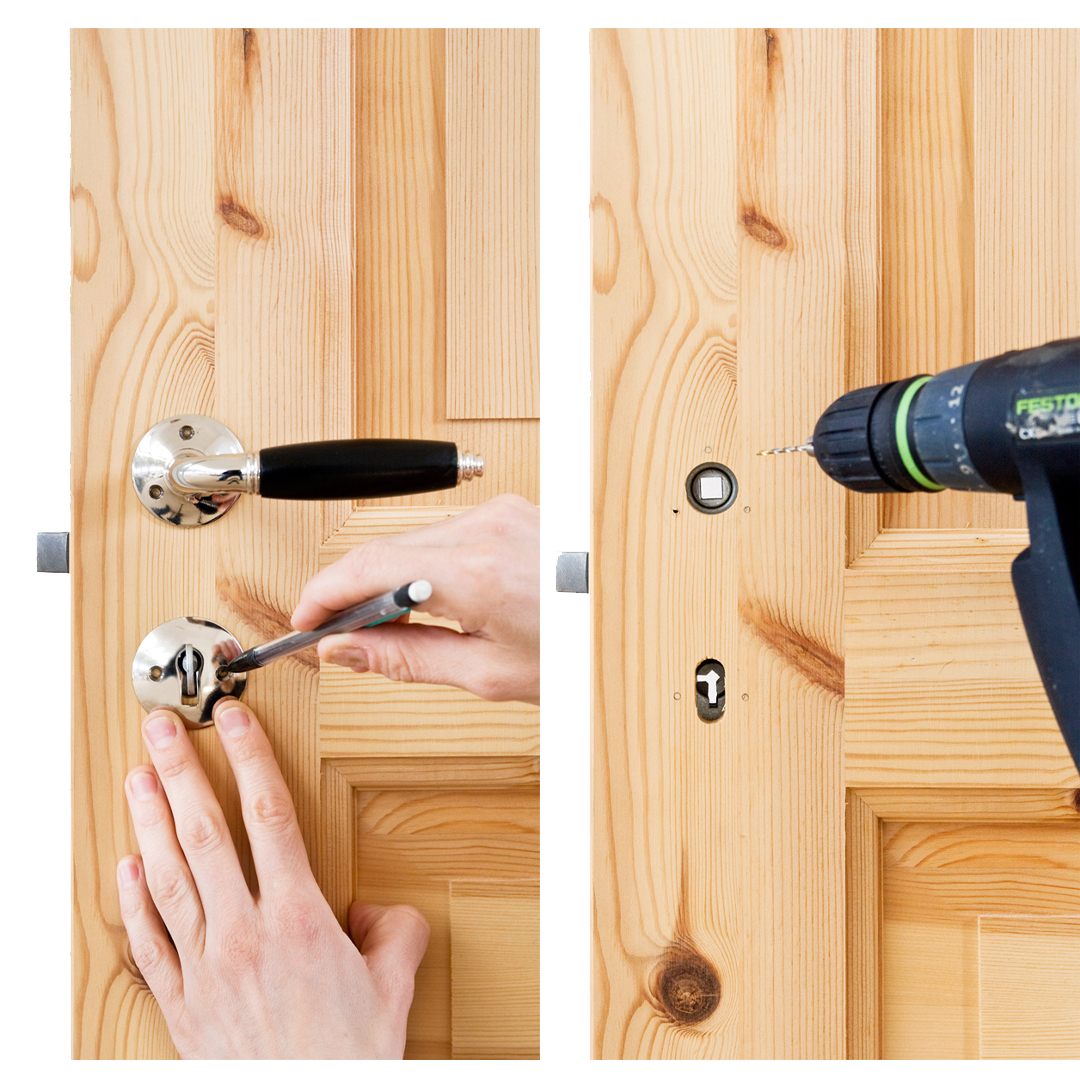 Trycke Rand delas p&aring; och tr&auml;s genom d&ouml;rrbladet fr&aring;n varsin sida.